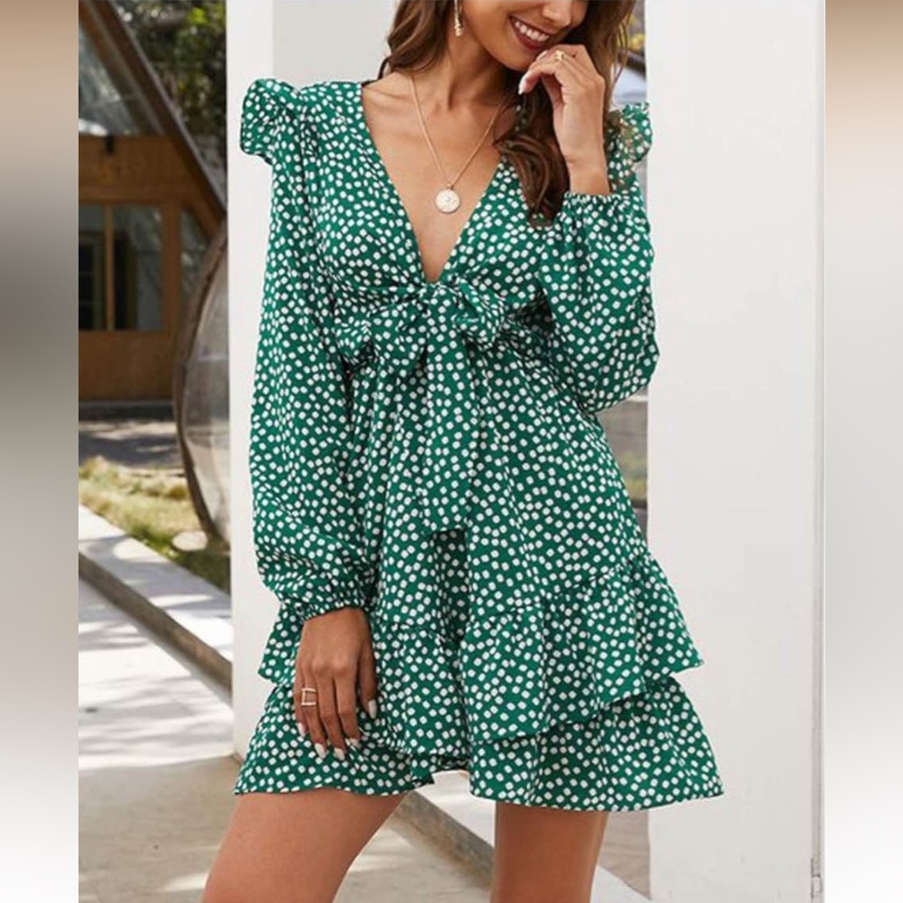 Green Polka Dot Tie-Front Mini Dress